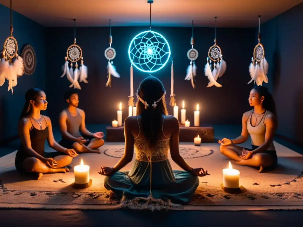 Grupo en ritual sueños lúcidos, rodeados de dreamcatchers y símbolos en una habitación misteriosa