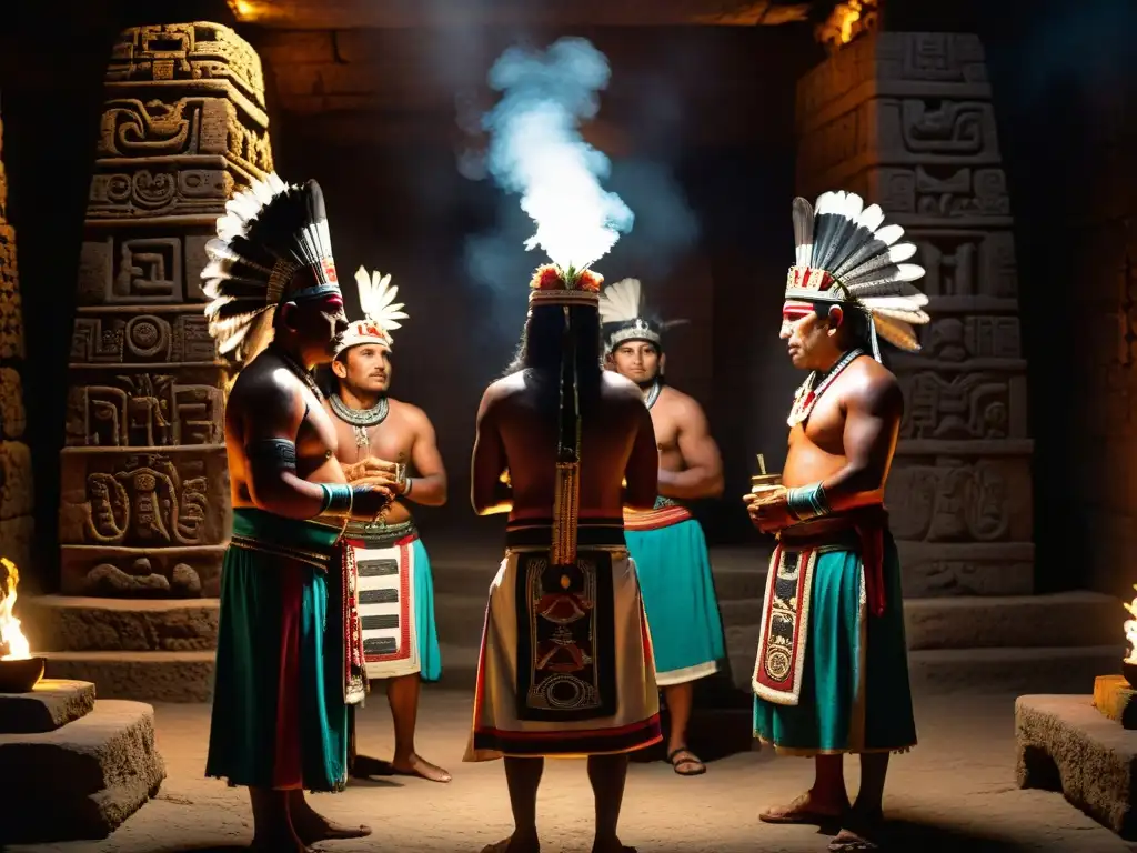 Grupo de sacerdotes aztecas en ceremonia precolombina con cantos secretos en templo iluminado por antorchas