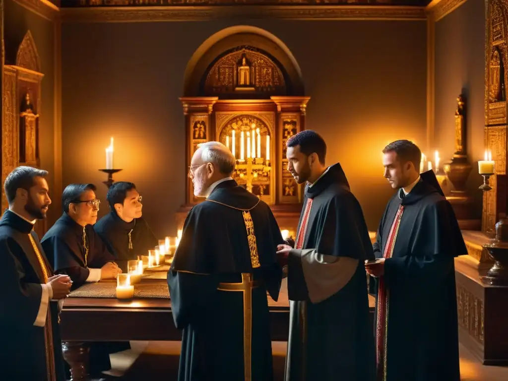 Grupo de sacerdotes jesuitas en misteriosa discusión en biblioteca ornamentada