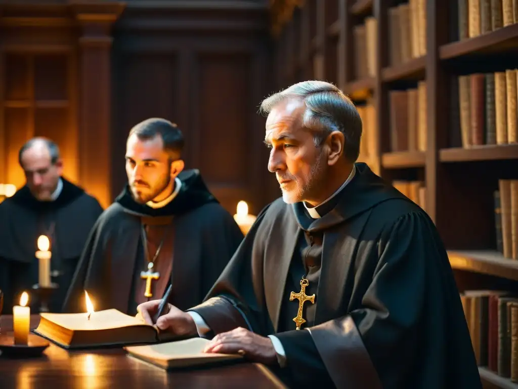 Grupo de sacerdotes jesuitas discutiendo en biblioteca histórica iluminada por vela, reflejando la influencia de los Jesuitas en la actualidad