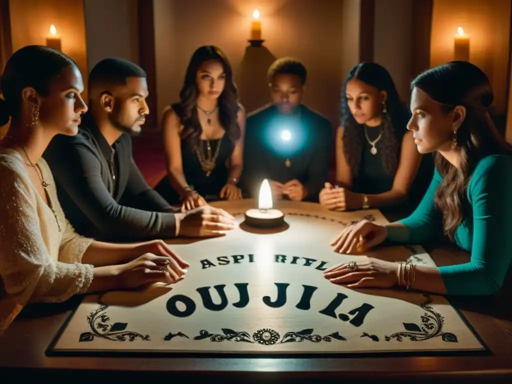 Un grupo en una sala de espiritismo con tablero Ouija y objetos místicos