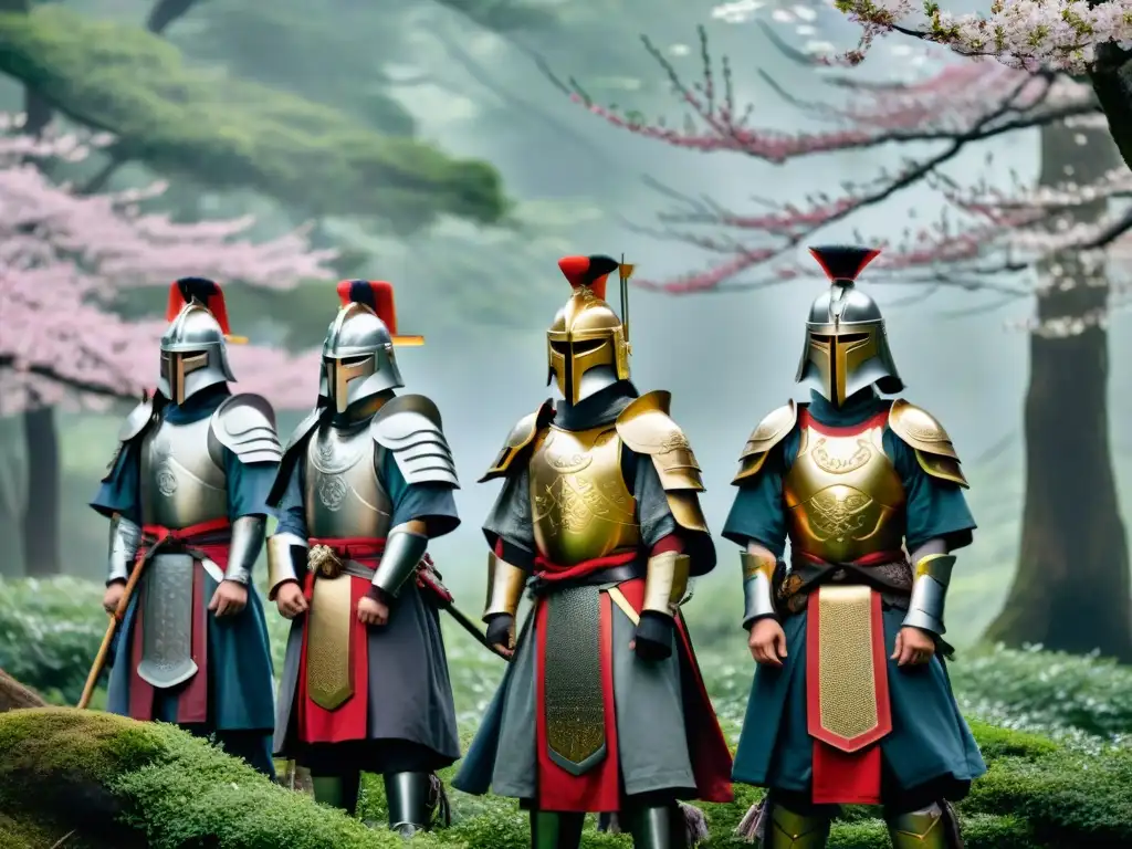 Samuráis místicos en bosque ancestral: armaduras y secretos Grupo de samuráis en un bosque japonés, rodeados de cerezos en flor y emblemas misteriosos