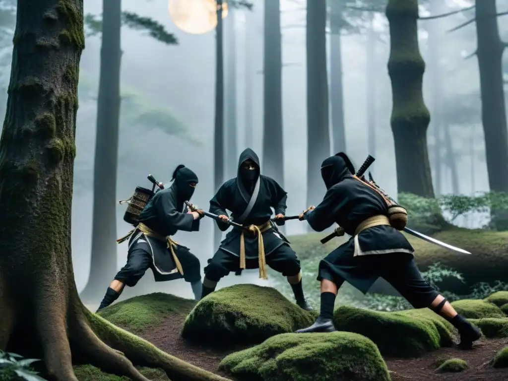 Un grupo de sigilosos ninjas en un bosque neblinoso de noche, en poses misteriosas