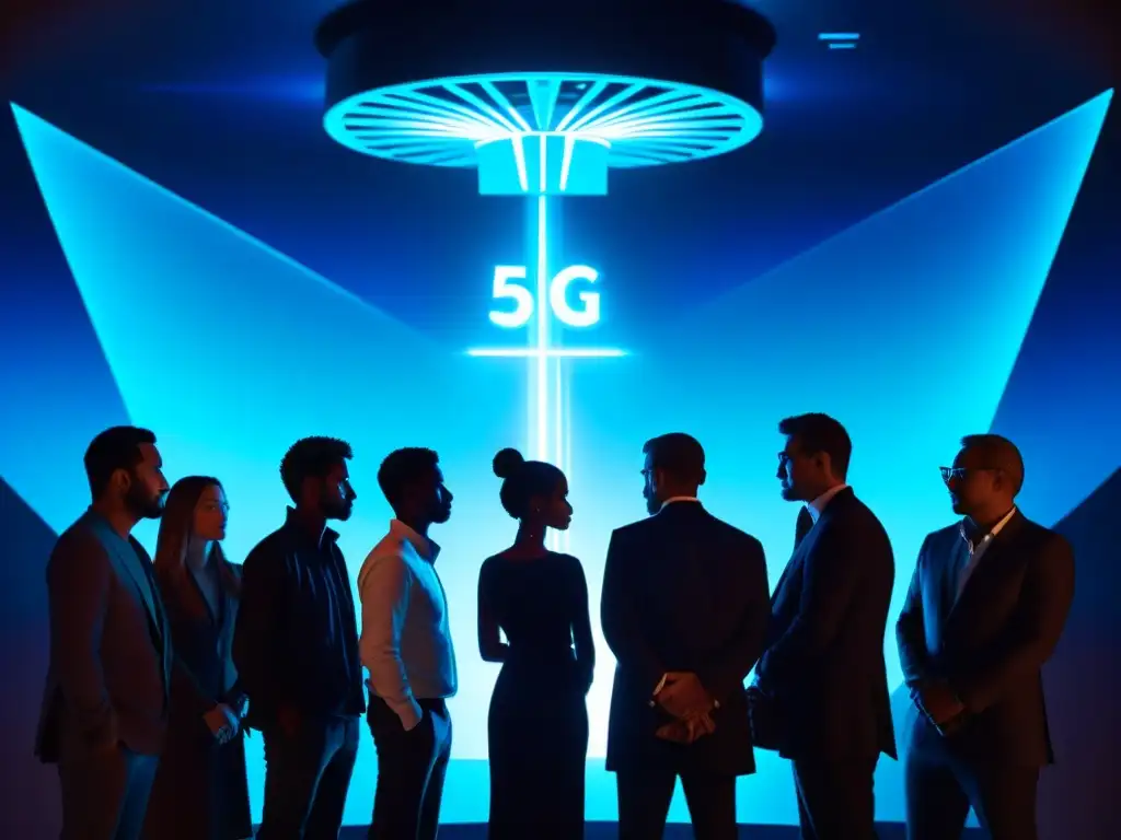 Grupo en siluetas se reúne alrededor de torre 5G en sala misteriosa, fusionando sociedades secretas e influencia en mundo moderno