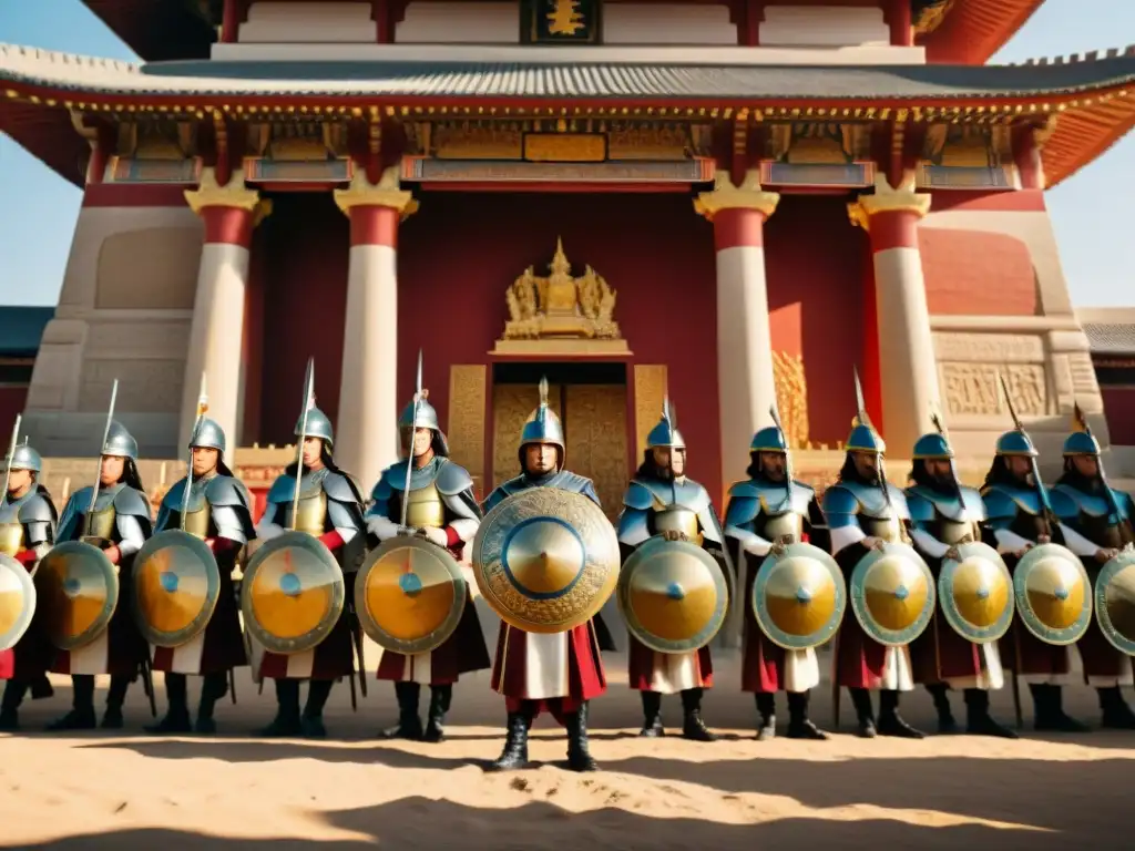 Un grupo de soldados en formación frente a un templo antiguo, fusionando rituales militares y arte de guerra