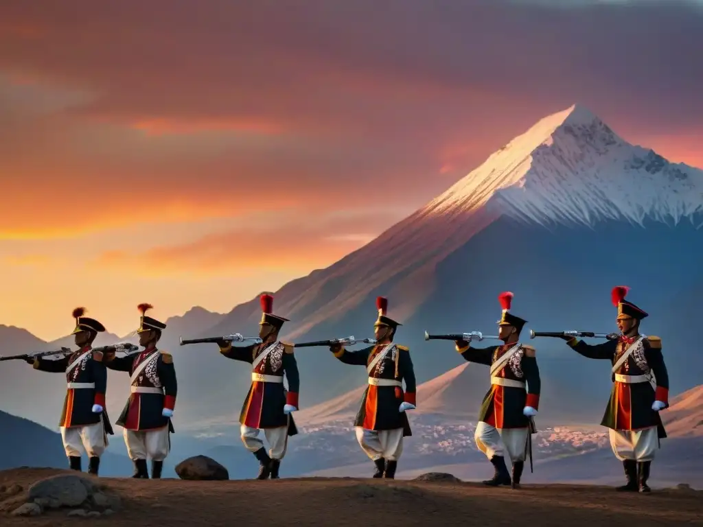 Un grupo de soldados en regalia militar realizando un ritual ceremonial al atardecer, con montañas de fondo