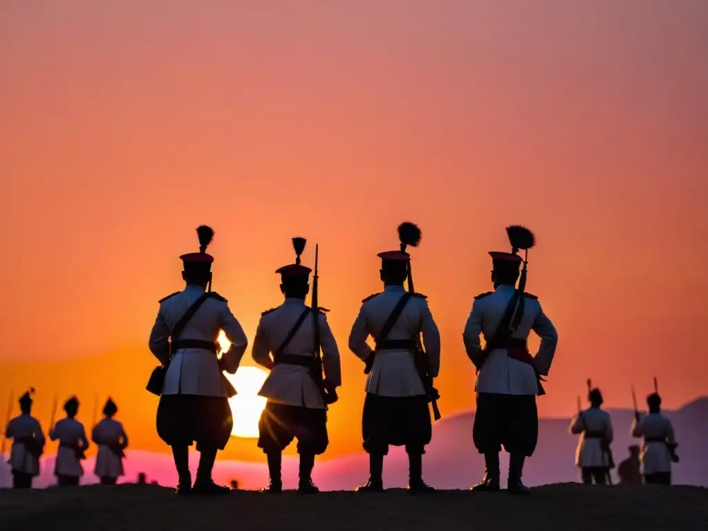 Un grupo de soldados realiza un ritual militar al amanecer, en silueta contra un cielo anaranjado y rosado