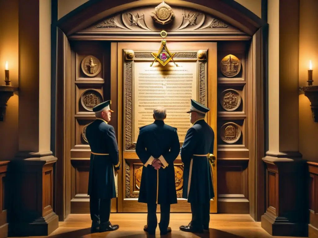 Un grupo solemne de masones en plena discusión, rodeados de manuscritos antiguos y mapas celestiales, en una habitación iluminada por velas