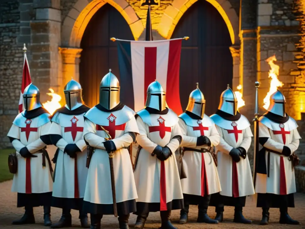 Un grupo de Templarios modernos en un castillo europeo, rodeados de historia y misterio, evocando influencias nacionalistas