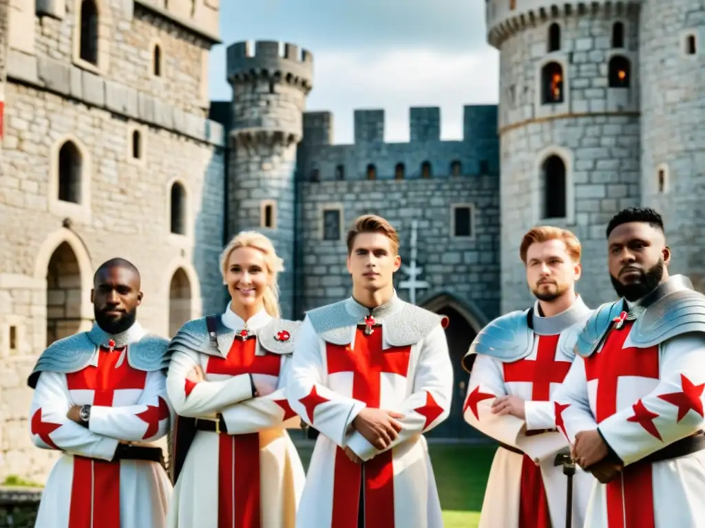 Un grupo de Templarios modernos frente a un castillo europeo, con detalles históricos y símbolos contemporáneos