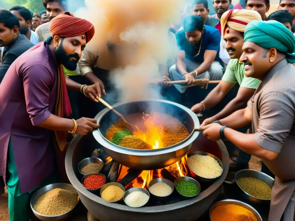 Un grupo de Thugs en atuendo indio preparando una receta aromática al aire libre