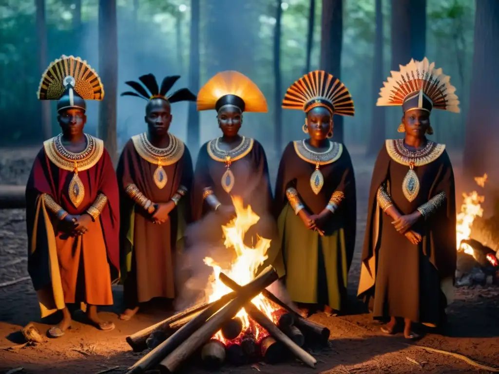 Grupo en trajes africanos alrededor del fuego en la densa selva, con símbolos y máscaras