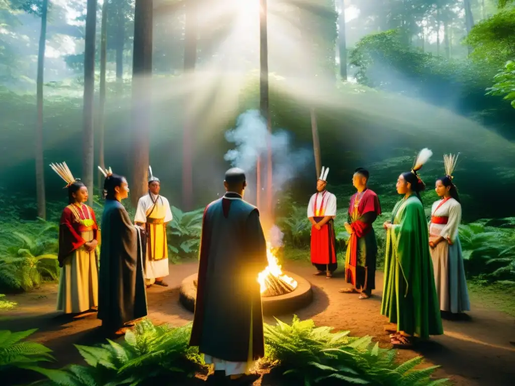 Un grupo en trajes ceremoniales realizando un ritual en la naturaleza, captando la energía de la tierra