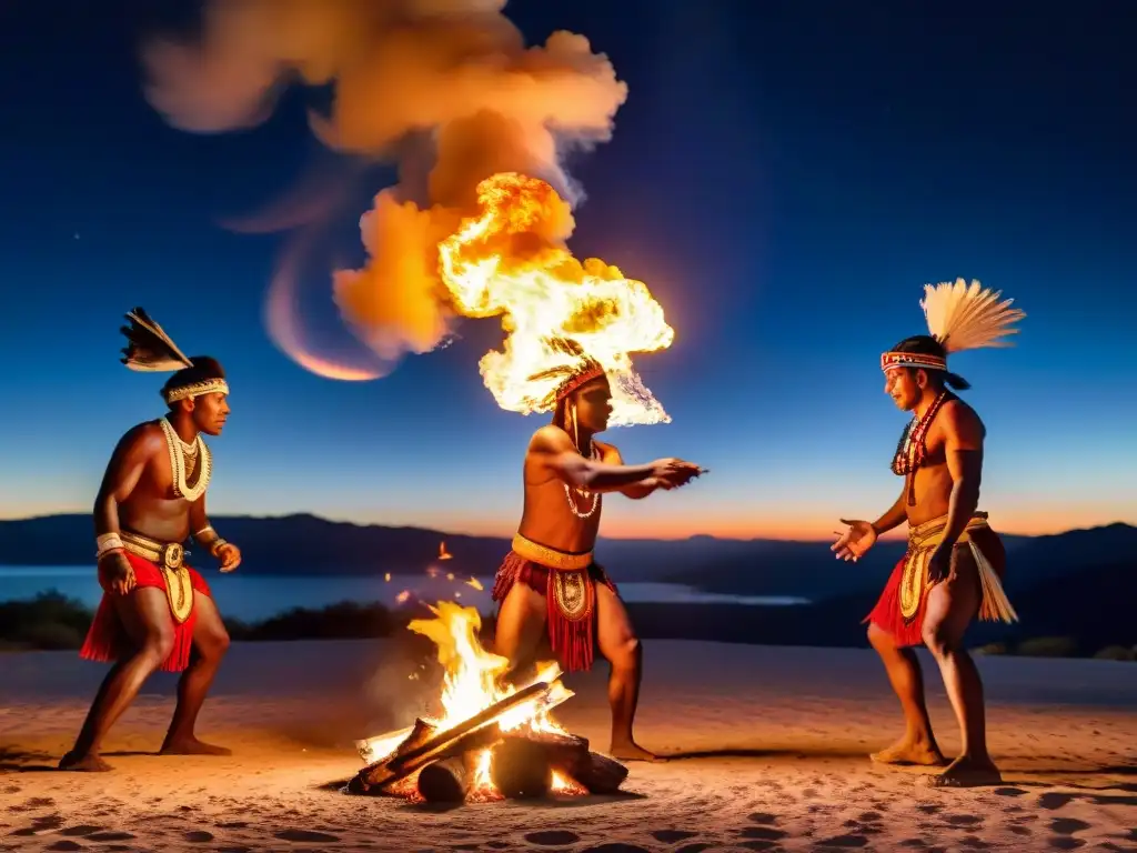 Grupo en trajes indígenas realiza danza de fuego en la noche, rodeados de símbolos ancestrales en un bosque misterioso