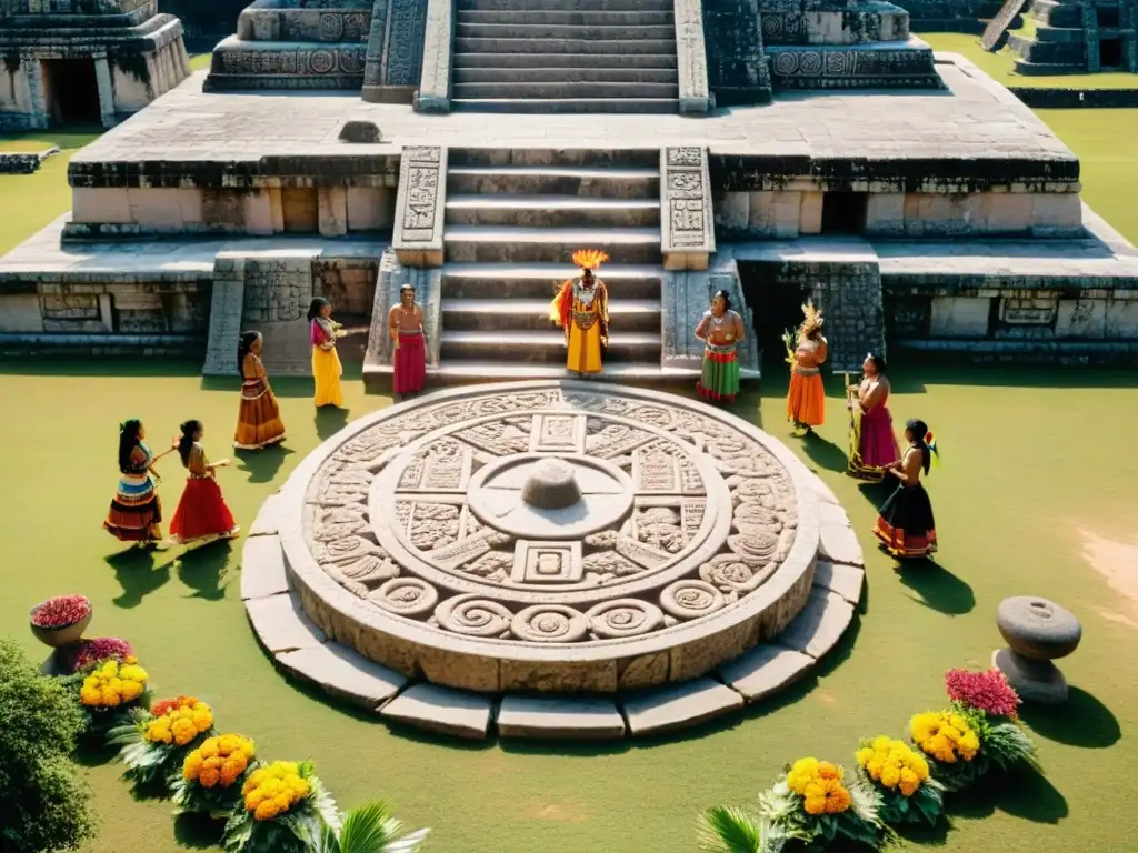 Grupo en trajes mayas bailando alrededor de altar de piedra con ofrendas, en ruinas mayas