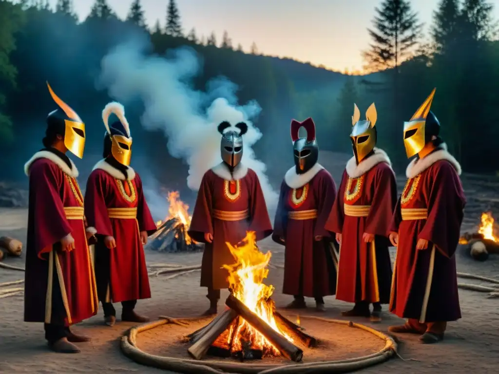 Grupo en trajes tradicionales y máscaras alrededor de fogata en ritual nocturno en el bosque