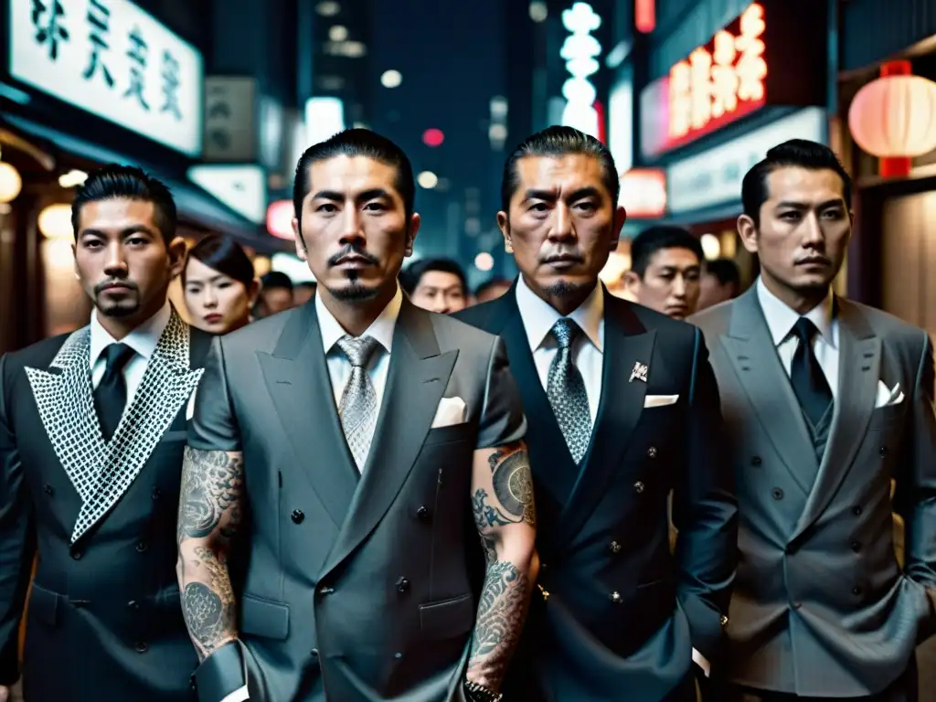 Grupo de Yakuza en trajes tradicionales, con tatuajes y expresiones serias, en una calle neón de Tokio