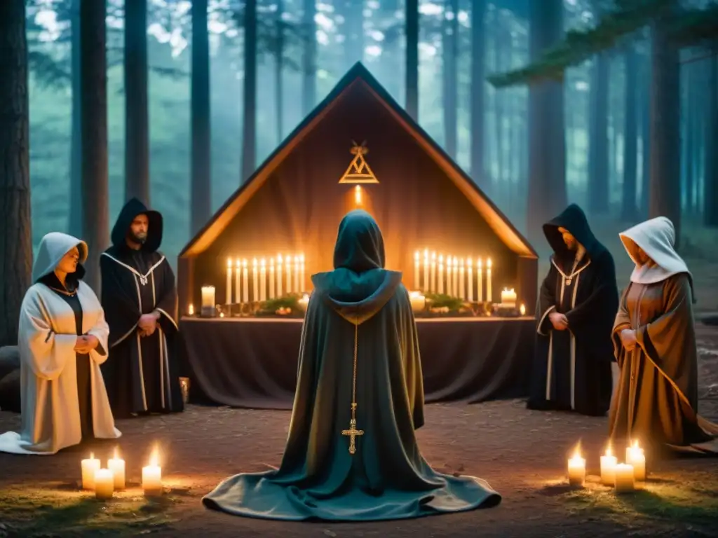 Un grupo en túnicas alrededor de un altar en un bosque, evocando un ritual místico y secretos de sociedades influyentes