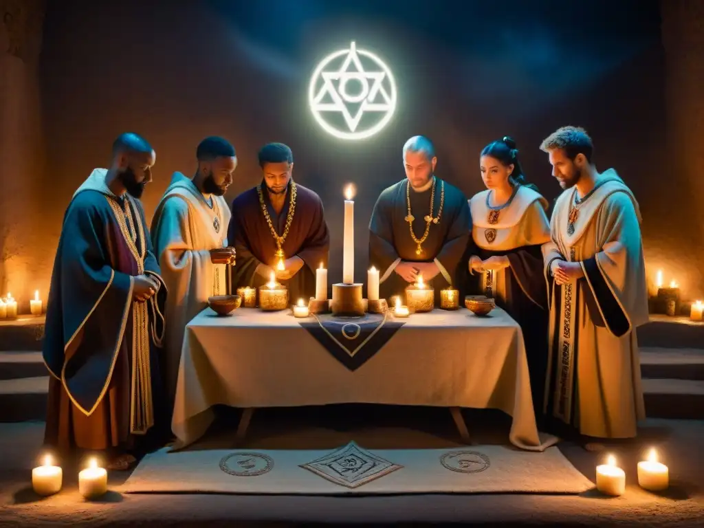 Un grupo en túnicas antiguas rodea un altar místico con velas y símbolos esotéricos en una atmósfera intrigante