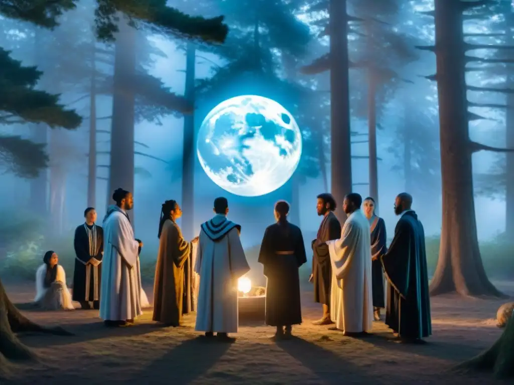 Un grupo en túnicas ceremoniales rodea un cristal brillante bajo la luna llena en un bosque místico