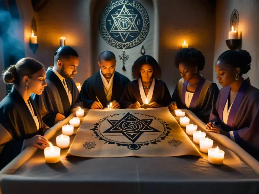 Un grupo en túnicas ceremoniales inscribe sigilos mágicos en un ritual secreto