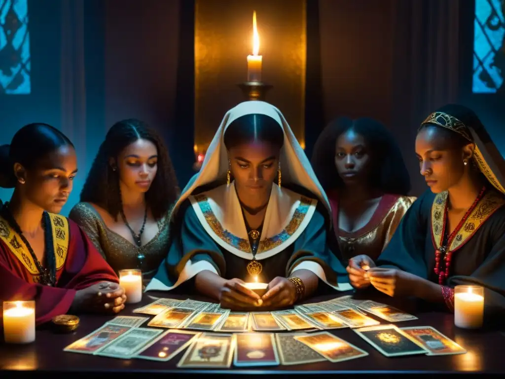 Grupo en túnicas misteriosas realizando lectura de Tarot Illuminati en sala iluminada con velas, revelando sabiduría ancestral