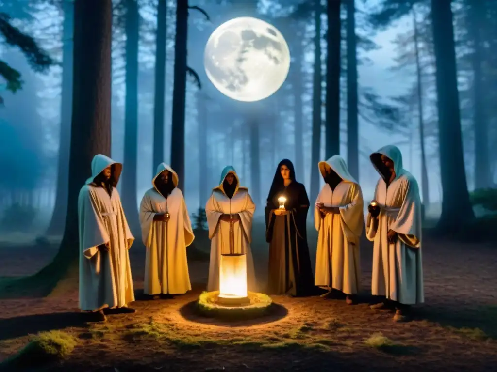 Grupo en túnicas misteriosas con velas, reunidos en un claro forestal bajo la luz de la luna