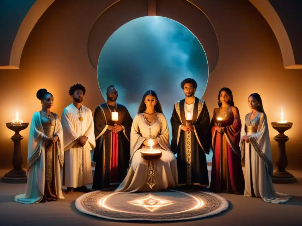 Un grupo en túnicas místicas, con velas brillantes, rodea un altar con símbolos antiguos y cristales