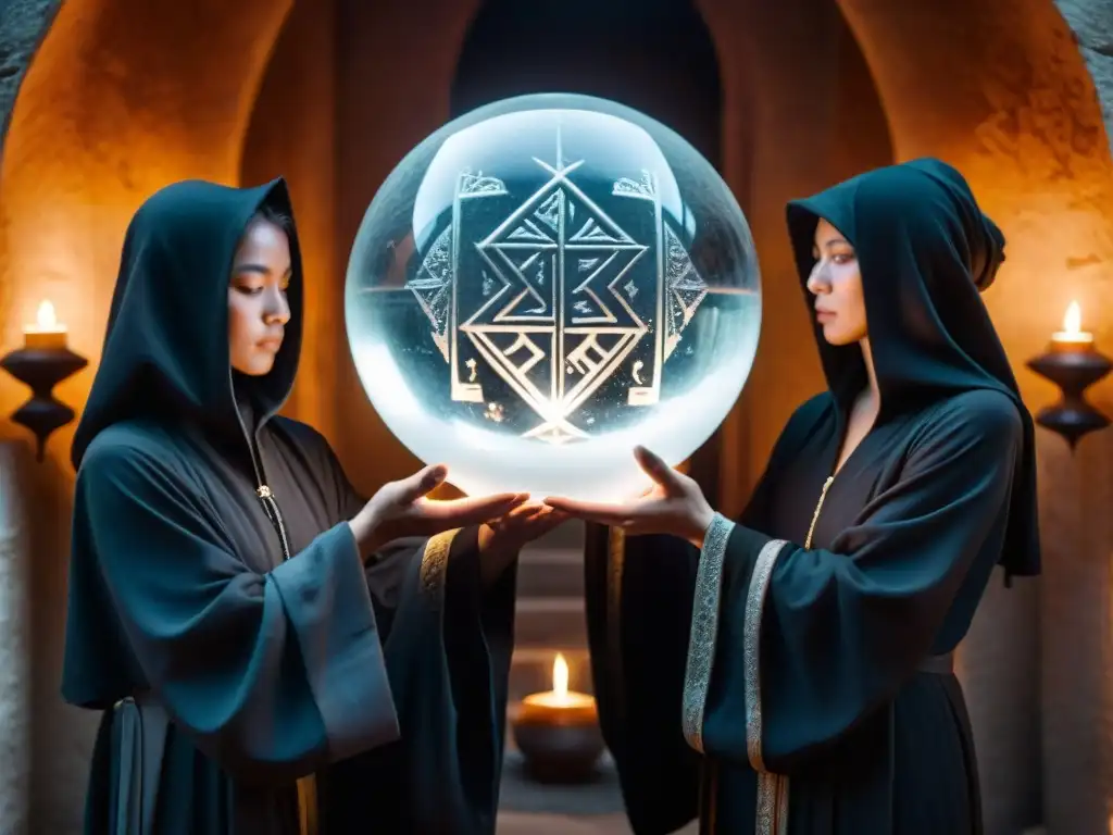 Misteriosa ceremonia con cristal ball en ambiente sombrío Un grupo en túnicas oscuras rodea una bola de cristal en una ceremonia esotérica, canalizando el poder de los cristales