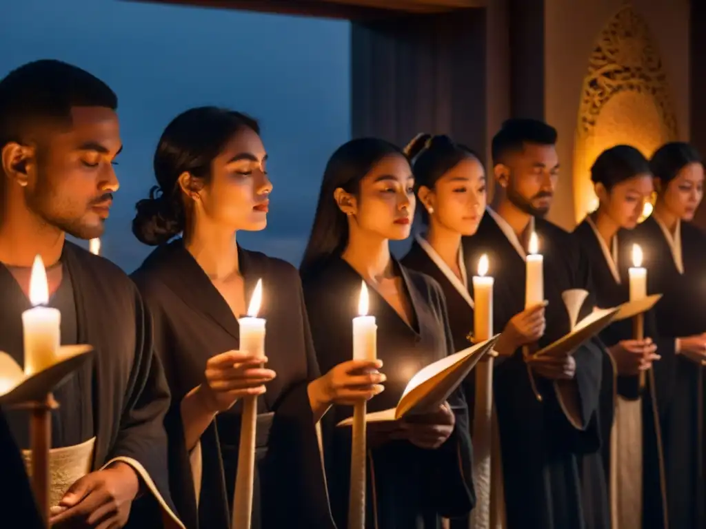 Grupo en túnicas oscuras realizando un ritual bajo la luz de la luna nueva, desvelando los misterios de las sociedades secretas