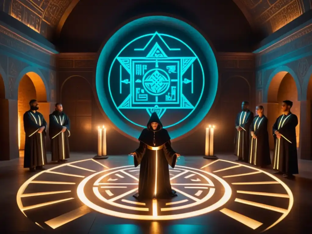 Rituales de realidad aumentada en cámara secreta Un grupo en túnicas oscuras rodea un símbolo brillante en una cámara antigua iluminada por velas