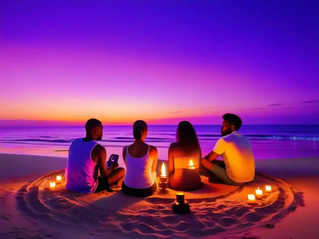 Grupo variado en círculo en playa al atardecer, con smartphones brillando