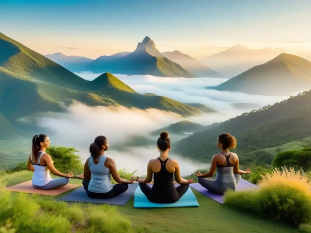 Grupo variado practicando yoga al amanecer en la cima de una montaña, rodeados de naturaleza y montañas nevadas