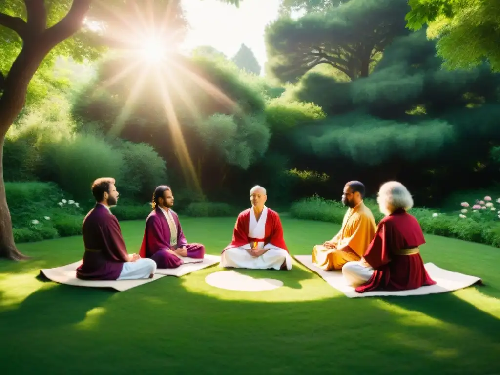 Grupo en meditación en jardín, vestidos con túnicas Rosacruz, entonando mantras y afirmaciones en armonía