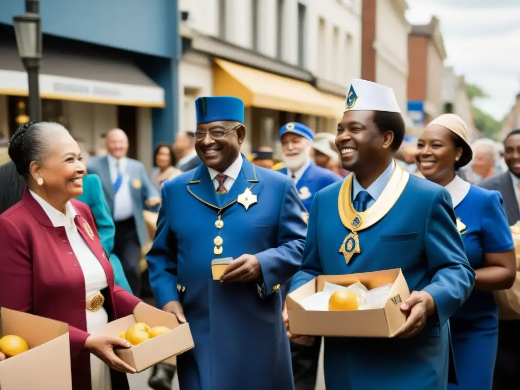 Grupo de voluntarios masones distribuyendo alimentos a una comunidad diversa necesitada, demostrando el compromiso de la Masonería con la caridad y el bienestar social