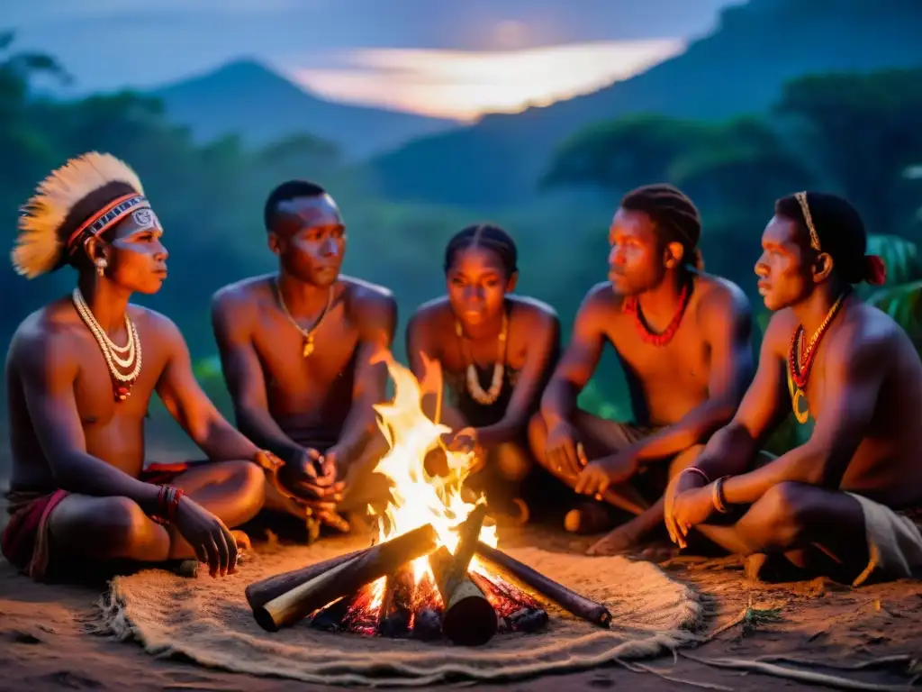 Un grupo de Los Zande rodea una fogata en la selva africana, con atuendos tradicionales y pinturas faciales, en una misteriosa ceremonia bajo la luna