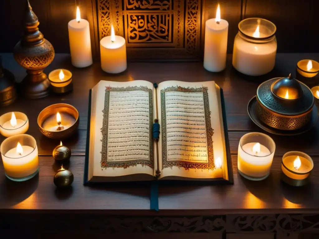 Guardianes del conocimiento esotérico en Islam: manuscrito antiguo con caligrafía árabe e iluminaciones, rodeado de velas e incienso en una habitación misteriosa