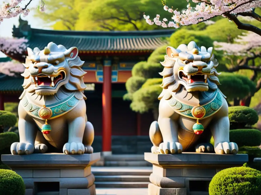 Guardianes míticos en entrada de pagoda china, rodeados de naturaleza y luz solar