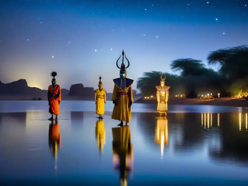 Guardianes de los secretos de África en el lago iluminado por la luna