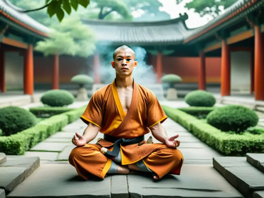 Guerrero Shaolin meditando en un patio antiguo, expresando paz y fuerza