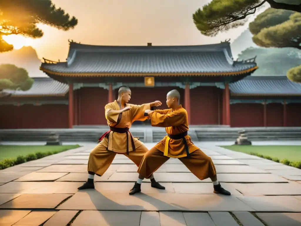 Guerreros Shaolin practicando artes marciales al amanecer en su antiguo templo