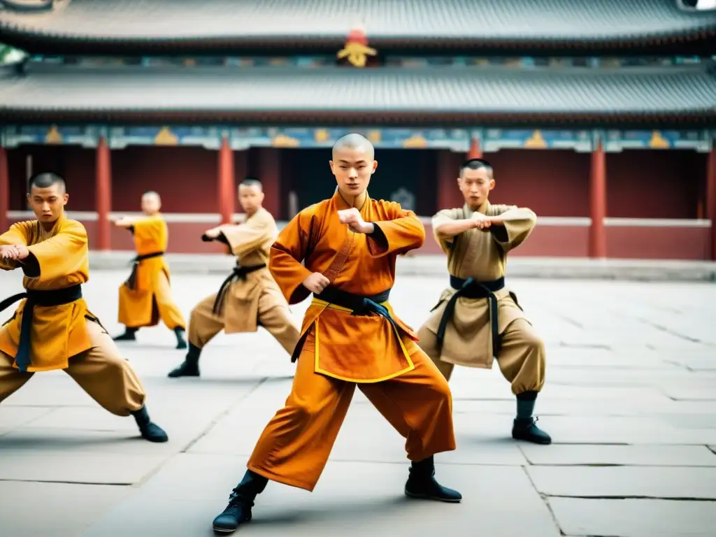 Guerreros Shaolin en la mañana practicando Kung Fu en el Templo Shaolin de Henan, China