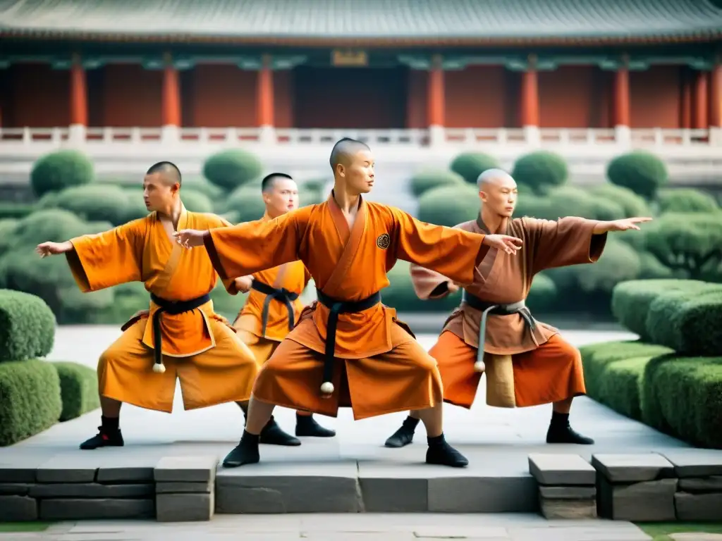 Guerreros Shaolin practicando Kung Fu en el Templo con disciplina y espiritualidad