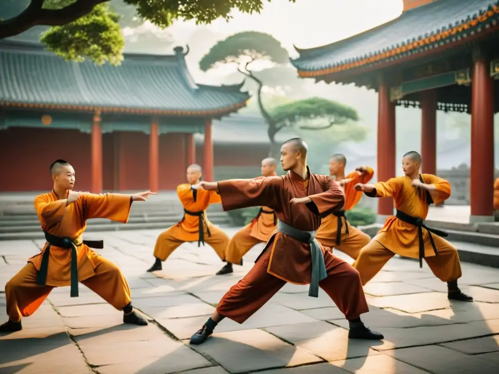 Guerreros Shaolin practicando Kung Fu al amanecer en el templo: secretos sociedades secretas guerreros Shaolin