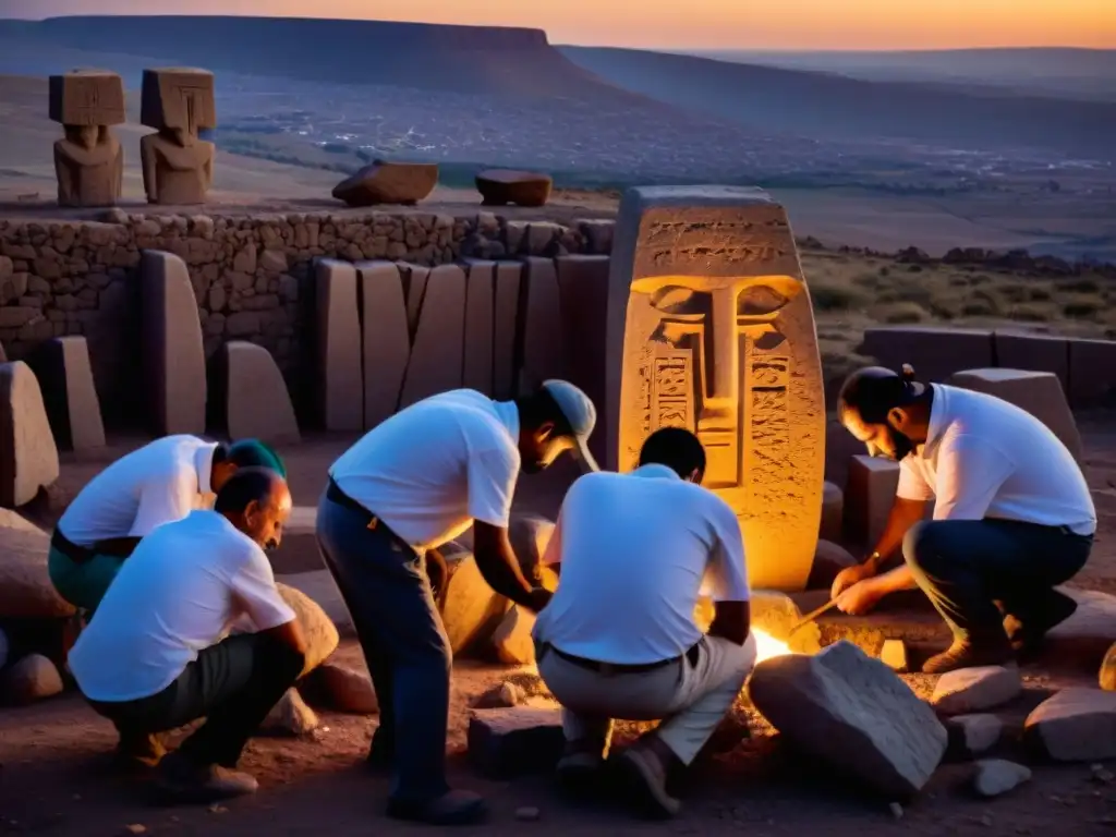 Hábiles carvers esculpen piedras megalíticas en Göbekli Tepe, iluminados por antorchas