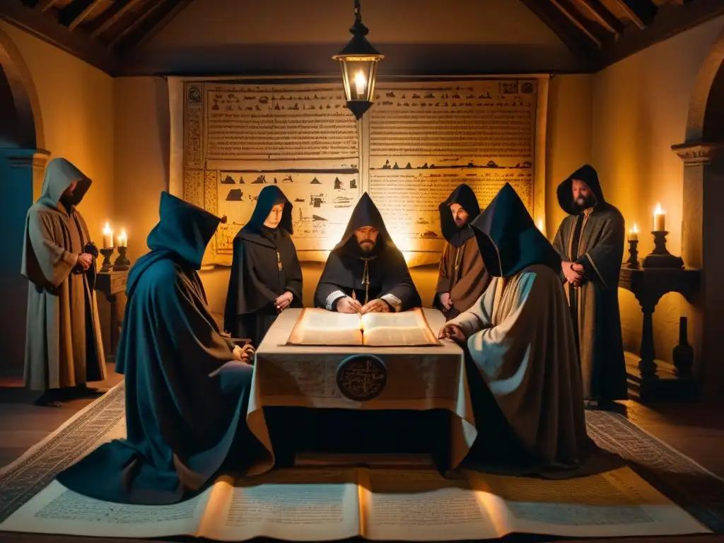 En una habitación llena de manuscritos antiguos y símbolos, figuras en capuchas rodean una mesa, creando una atmósfera de misterio y tensión