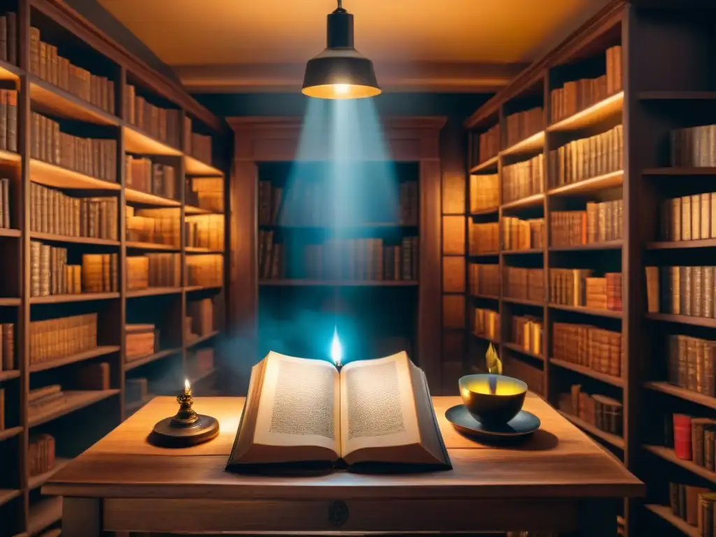 Una habitación llena de secretos: libros antiguos, pergaminos y artefactos iluminados por un rayo de luz, revelando conocimientos ocultos