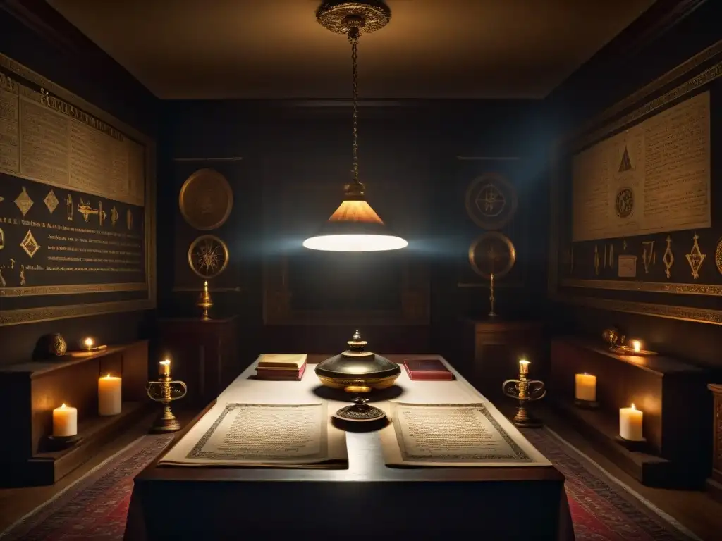 Rituales secretos: mesa ornada con símbolos misteriosos En una habitación con poca luz, una mesa ornada con objetos de rituales Illuminati