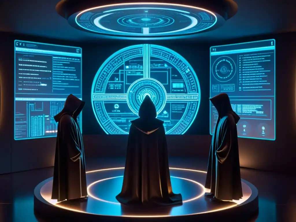 Reunión clandestina en sala misteriosa con holograma futurista En una habitación en penumbra, figuras encapuchadas rodean un holograma futurista