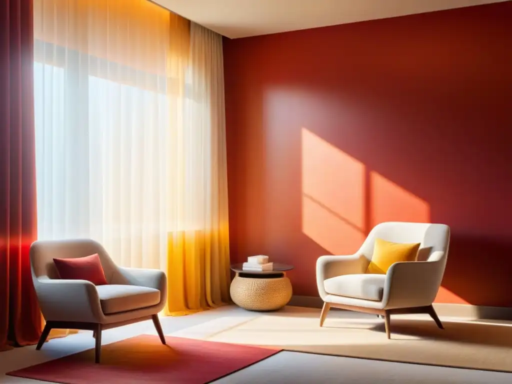 Una habitación serena y acogedora con terapia de color para mejorar, bañada en tonos cálidos de rojo, naranja y amarillo